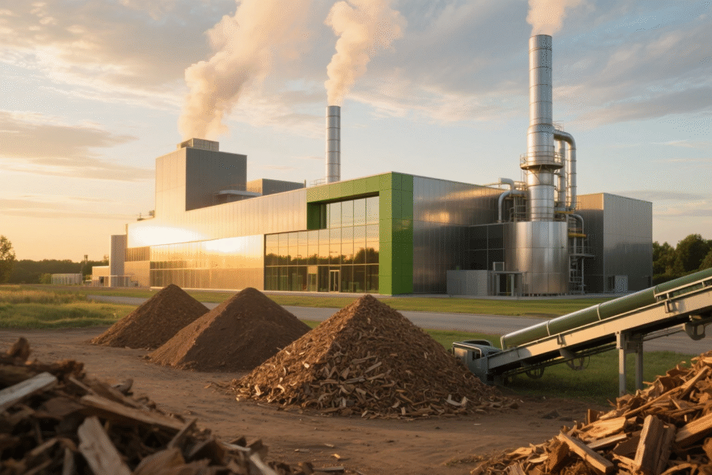 Industrial bioenergy power plant with two tall smokestacks, featuring a green and silver building, and large piles of raw wood biomass feedstock in the foreground at sunset.