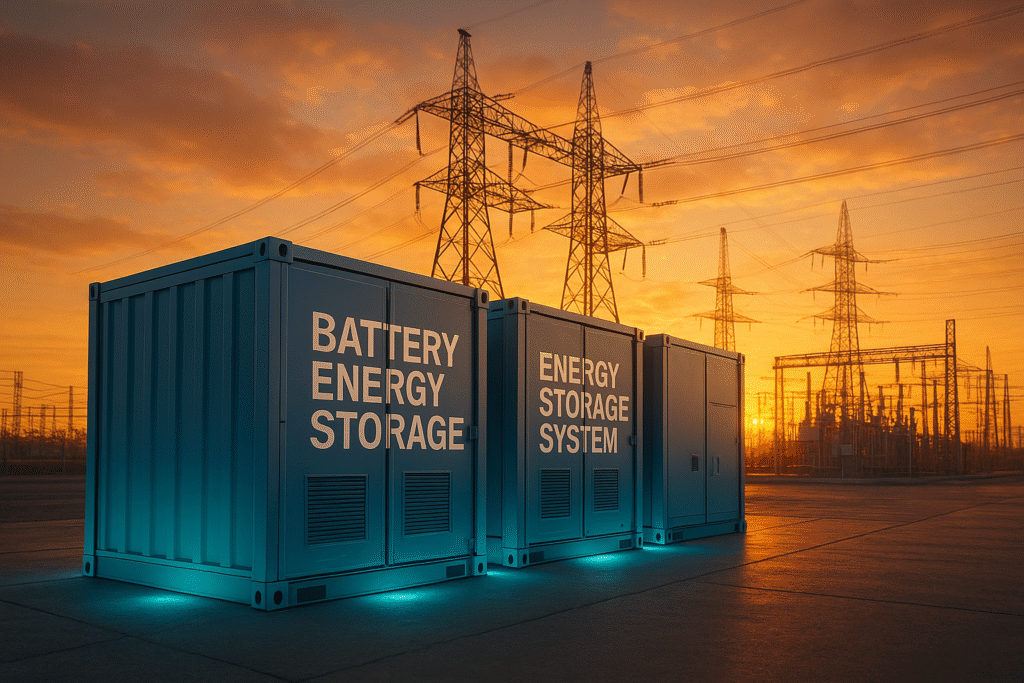 Large industrial battery energy storage system (BESS) containers labeled 'Battery Energy Storage' and 'Energy Storage System' at sunset, connected to high-voltage transmission towers, symbolizing grid stability.