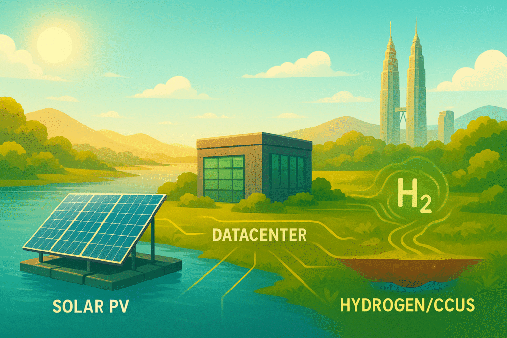 Illustration showing the Malaysian Clean Energy Landscape, featuring a Solar PV farm, a green Data Center, and a Hydrogen/CCUS underground storage system, all set against the Kuala Lumpur skyline.