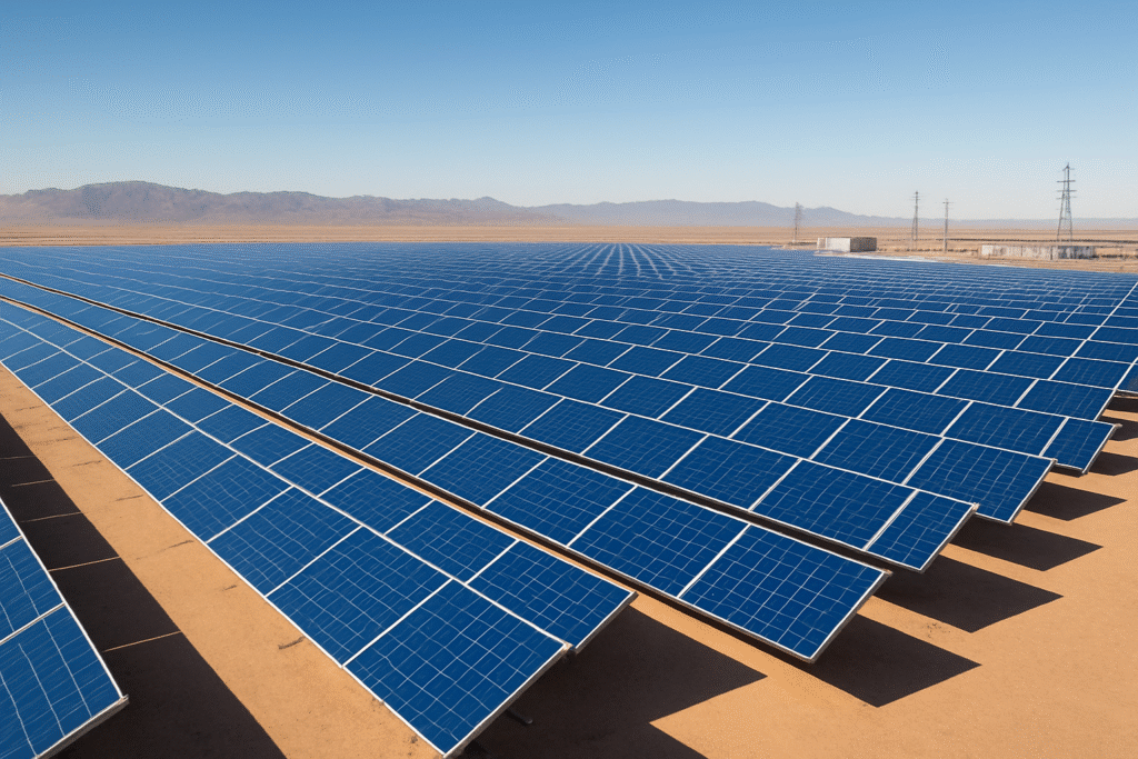 Large commercial solar PV farm in a sunny, arid landscape, illustrating industrial renewable energy investment.